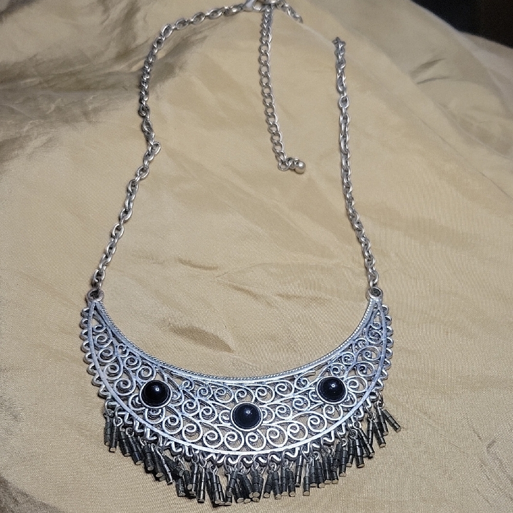Bohemian Silver Scrollwork Necklace with Black Beads